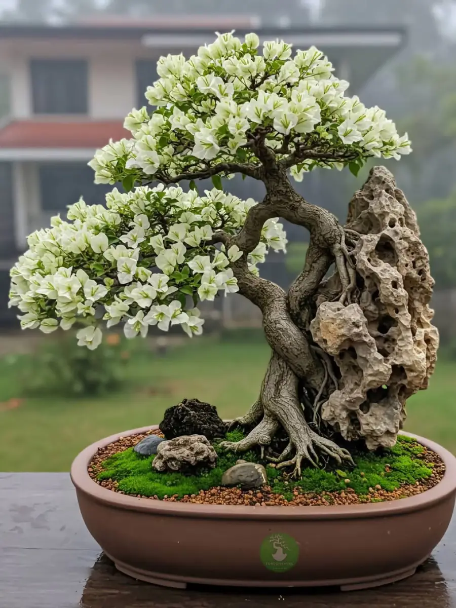 Bonsai anting putri dengan bunga putih bermekaran bergaya ishitsuki yang tumbuh di atas batu.