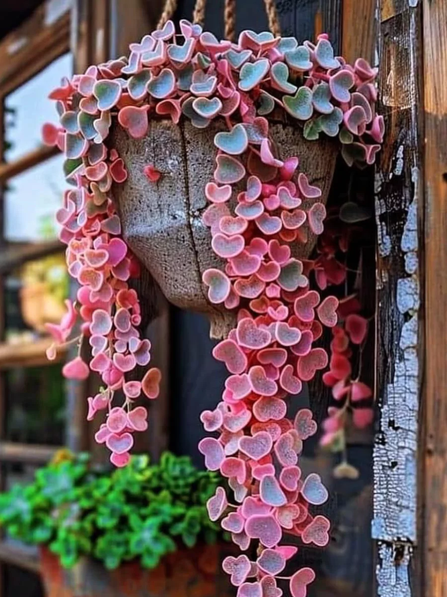 Tanaman hias string of hearts berbentuk hati warna pink di dalam pot gantung.